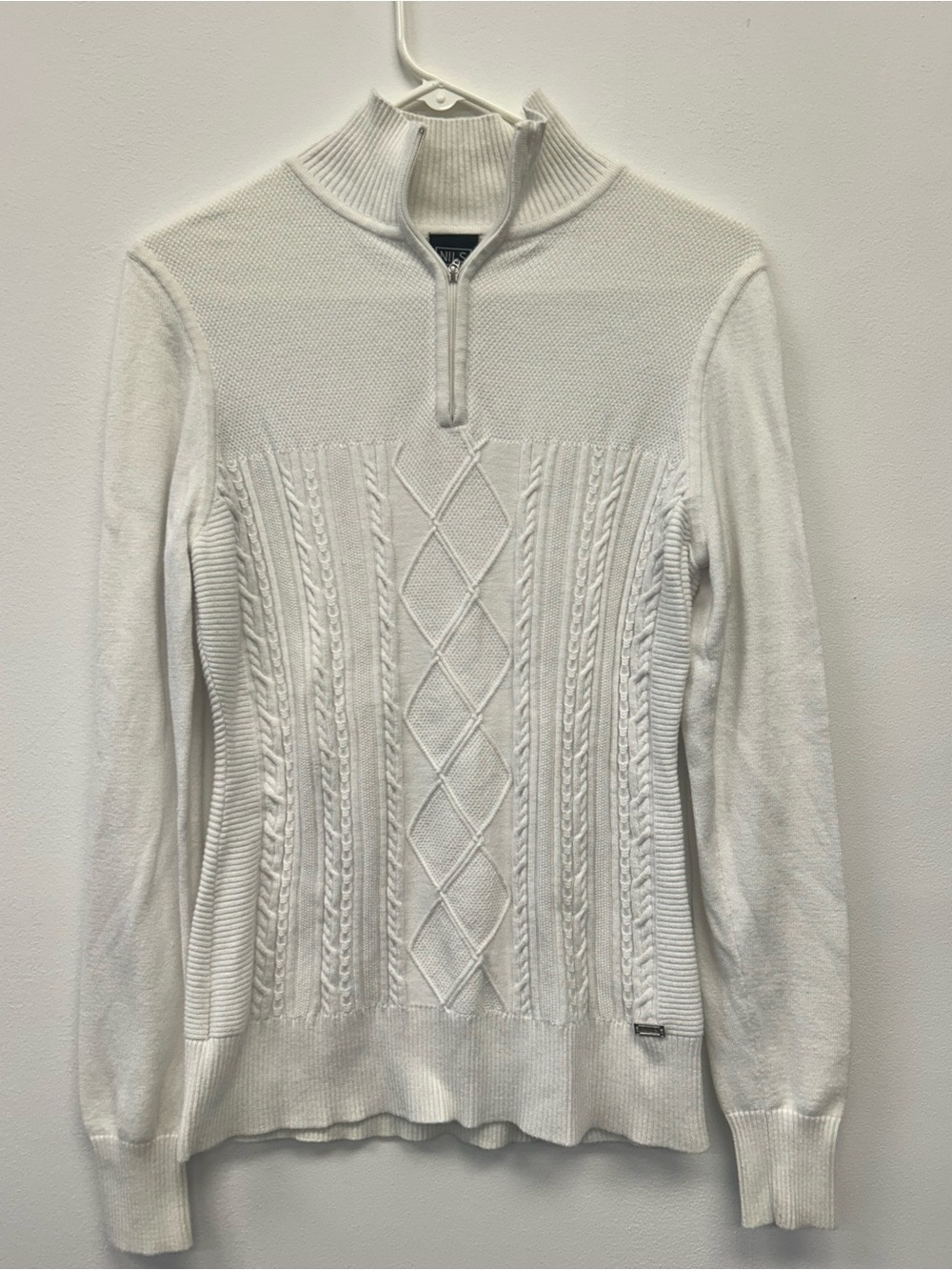 NILS White Cable-Knit Half-Zip Turtleneck Sweater